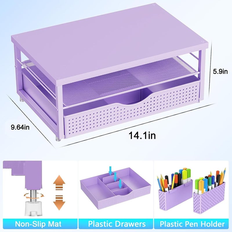 gianotter Wood Monitor Stand Riser, Desk Organizer with Drawer and 2 Pen Holders, 2-Tier Workspace Organizer for Office Supplies (Purple Wood) - Image 5